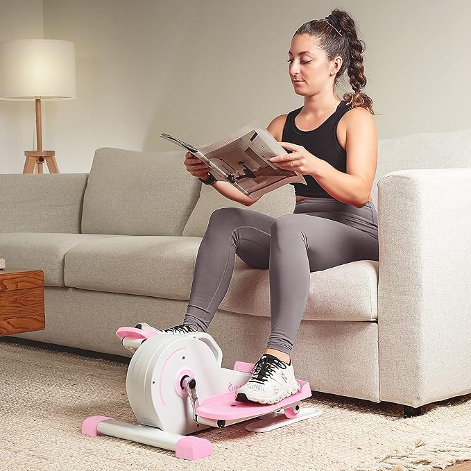 Sunny Health & Fitness Sitting Under Desk Pedal Exerciser, Portable Training Machine for Senior Exercise, Home Workout Elliptical & Bike, Optional Free SunnyFit App Connection, Motorized, or in Pink