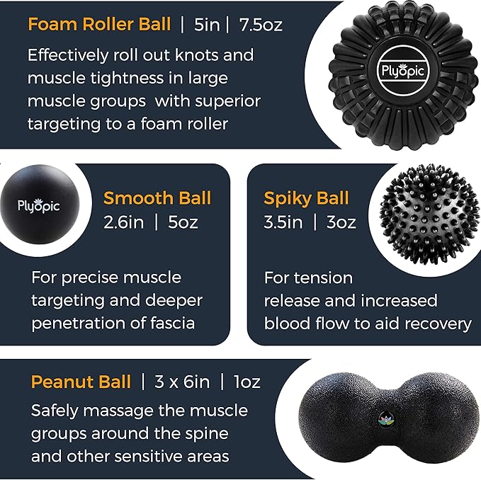 Deep Tissue Massage Ball Set – Set of 4: Lacrosse, Spiky, Peanut and 5” Foam Roller Massager Balls for Muscle Massage, Mobility, Trigger Points and Myofascial Release