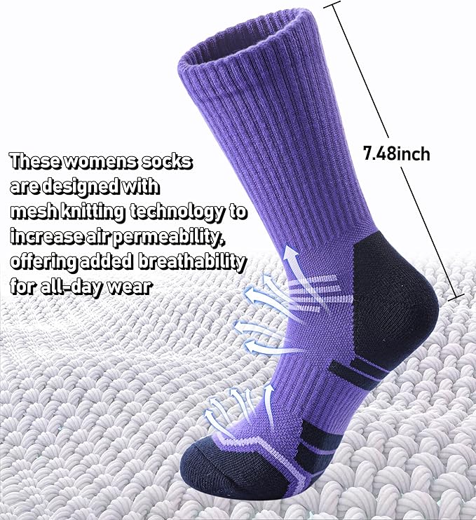 FNOVCO Women's Hiking Walking Running Crew Socks Thick Cushioned Athletic Compression Socks 5 Pairs