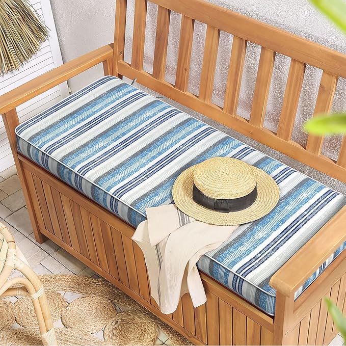 Outdoor Bench Cushion, Patio Furniture Cushion 48 x 18 x 3 Inch, Water Resistant Garden Sofa Swing Pad Settee Loveseat Couch Replacement Cushion, 1 Pack, Stripe Layered Blue