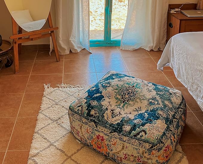 Blue Square Floor Pillow Cover Large Yoga Décor Cushion Moroccan Pouf Ottoman Boho Furniture Perfect for Living Room, Bedroom, Nursary or Children Room Seating Area Beanbag Footstool 24x8 Unstuffed