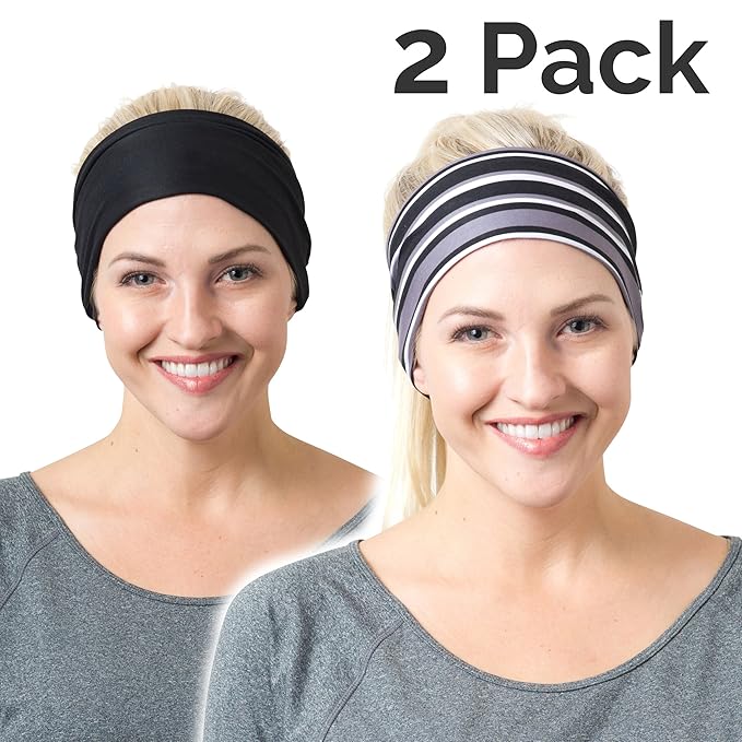 RiptGear Stretch Sport Headband for Women (Black Solid and Striped) — Non-Slip Sweat Wicking Fabric Great for Yoga, Running or The Gym — Soft Headband That Fits Most Head Sizes — (2-Pack)