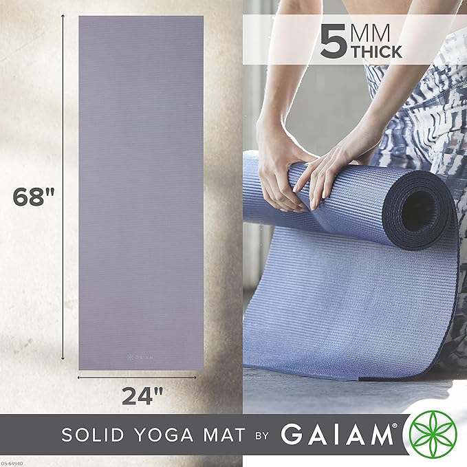 Gaiam Yoga Mat - Premium 5mm Solid Thick Non Slip Exercise & Fitness Mat for All Types of Yoga, Pilates & Floor Workouts (68" x 24" x 5mm)