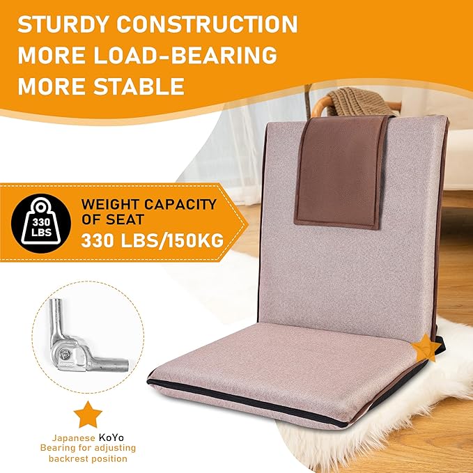 Floor Chair with Back Support 14-Position Adjustable Floor Chair Portable Ground Seating for Adults & Kids Foldable Meditation Seat with Japanese KOYO Bearings & Washable Linen Cover (Coffee)