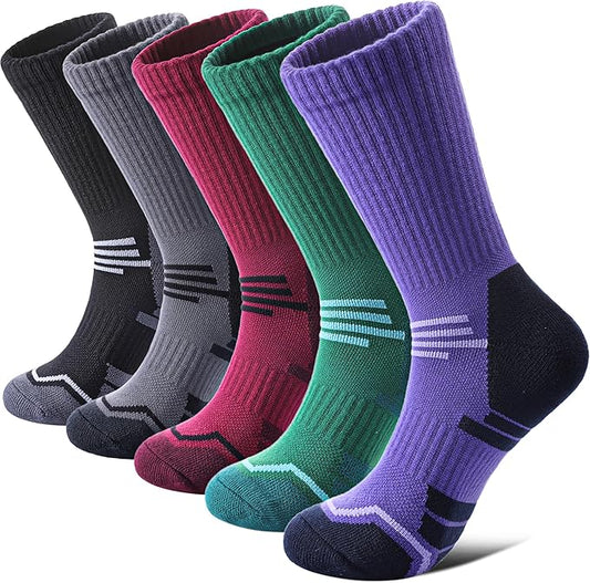 FNOVCO Women's Hiking Walking Running Crew Socks Thick Cushioned Athletic Compression Socks 5 Pairs