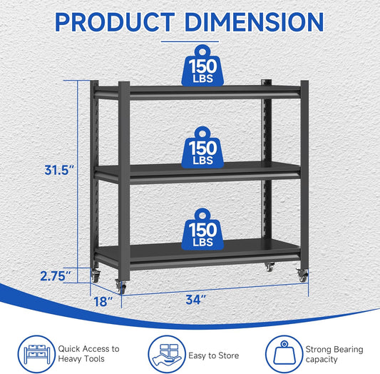 3 Tier Adjustable Garage Storage Shelving,Heavy Duty Utility Rack Shelf Unit on 4 Wheel Casters,Standing shelves for Garage, Home, Pantry,Kitchen,Warehouse,Bathroom & Laundry,Storage Rack - Black