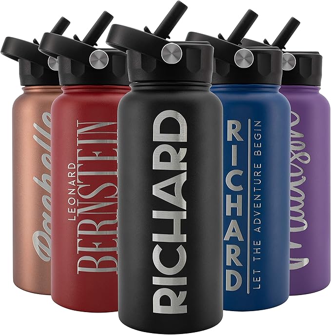 Amazing Items Personalized Water Bottle with Straw Lid, 32 oz - Jet Black | Custom Stainless Steel Sports Water Bottle w/Name and Text - Double Wall + Vacuum Insulated - Rotating Handle