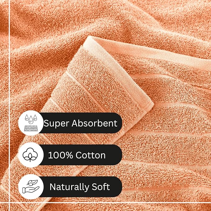 Casa Platino 100% Cotton Bathroom Towel Set - 12 Pc - Ringspun, Quickdry, Super Soft & Highly Absorbent - 4 Large Bath Towels, 4 Washcloths, 4 Hand Towel - Pre Shrunk & Fade Resistant - Peach Fuzz
