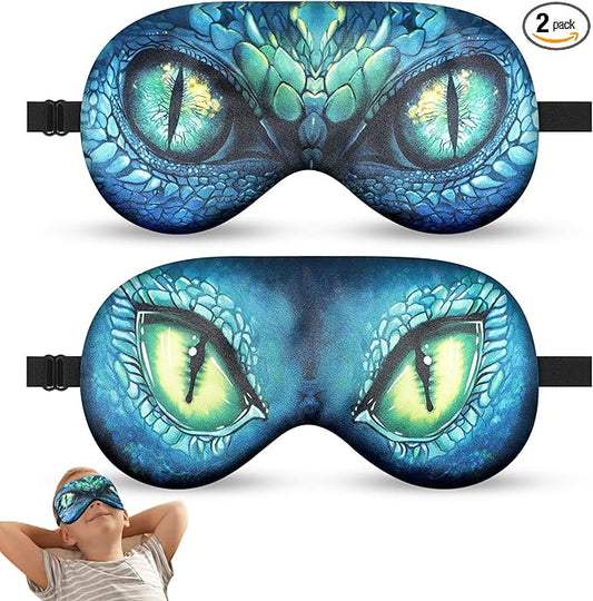 2 Pcs Sleep Mask for Kids Boys, Silk Eye Covers for Sleeping, Adjustable Strap & Light Blocking Design, Adult Children's Bedtime Blindfold for Travel and Home Use (Green Dinosaur Eyes)