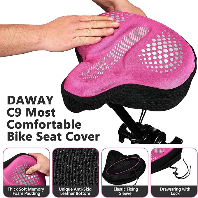 DAWAY Comfortable Bike Seat Cover - Silicone Gel & Memory Foam Padded Bike Seat Cushion for Men Women - Soft Bicycle Saddle Cover for Peloton, Stationary Exercise, Mountain Road Bikes - XL/Large/Small