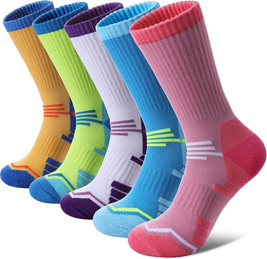 FNOVCO Women's Hiking Walking Running Crew Socks Thick Cushioned Athletic Compression Socks 5 Pairs