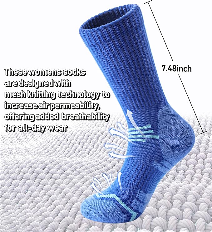 FNOVCO Women's Hiking Walking Running Crew Socks Thick Cushioned Athletic Compression Socks 5 Pairs