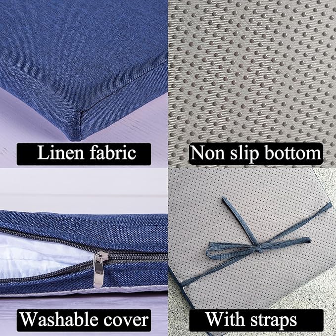 Piano Bench cushons for Indoor Furniture with Ties Non Slip Kitchen Dining Room Bench seat Cushion for Show Storage, Window, Settee, Ottoman (Navy Blue, 40 x 12 Inch)