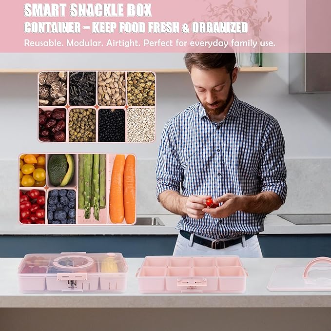 Stackable Snackle Box Container with 2 Lids - BPA-Free Snackle box Organizer, Dishwasher & Microwave Safe Reusable Snacklebox for Veggies, Fruits, Charcuterie, Snacks (Pink, 2 Pack)