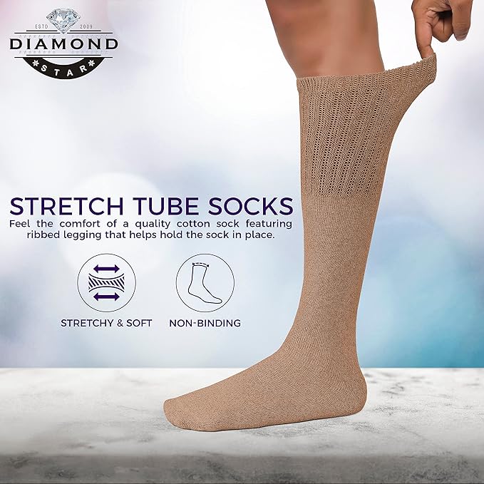 Diamond Star Men's 6 Pack Athletic Tube Socks Running Sports OVER THE CALF Full Cushioned Premium Soft Cotton Big and Tall