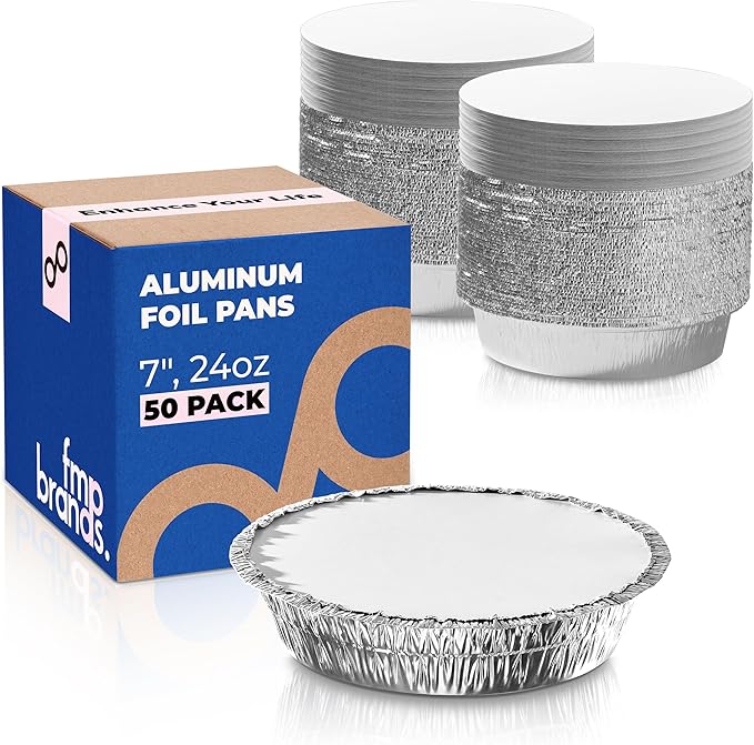 Fit Meal Prep 50 Pack 7” Round Aluminum Foil Pans with Lids, Pie Tins Disposable 7 inch with Lids, Take Out Containers, Freezer Oven Safe Aluminum Baking Pans for Storing, Cooking, Storage, Reheating