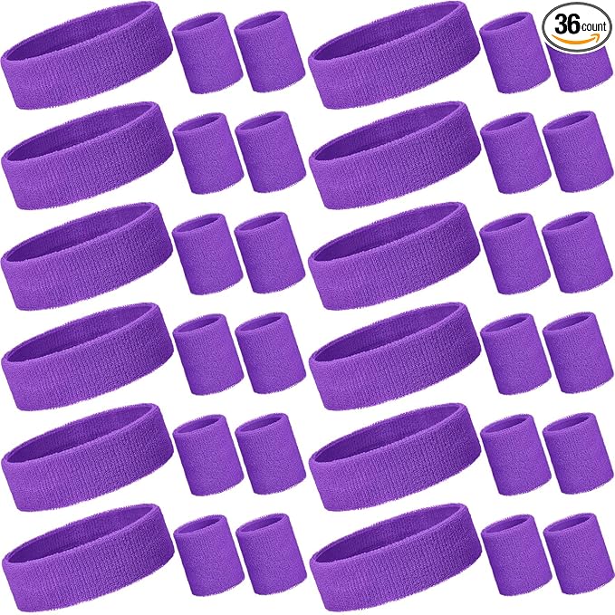 Bememo 36 Pcs Neon Sweatbands Set for Kids Bulk Sports Headband Wristband Set Cotton Terry Basketball Tennis for Students Youth 80s 90s Halloween Costumes Cosplay Glow Party