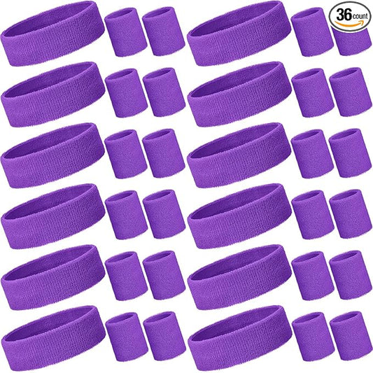 Bememo 36 Pcs Neon Sweatbands Set for Kids Bulk Sports Headband Wristband Set Cotton Terry Basketball Tennis for Students Youth 80s 90s Halloween Costumes Cosplay Glow Party