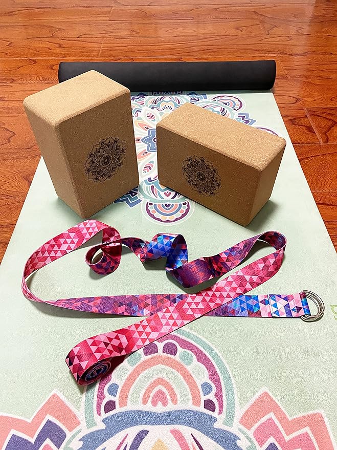 Aozora Cork Yoga Block Sustainable & Eco Friendly 2 Pack and Yoga Strap Set Made of The Finest Natural Cork for Better Support, Balance & Comfort