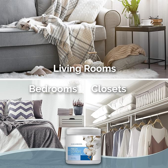 SMELLS BEGONE Air Freshener Odor Absorber Gel - 15 oz, Pack of 2 - Absorbs and Eliminates Odor in Pet Areas, Bathrooms, Cars, & Boats - Made with Essential Oils - Fresh Cotton Scent