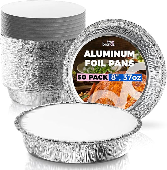 Fit Meal Prep 50 Pack 8” Round Aluminum Foil Pans with Lids, 8 inch Take Out Containers with Cardboard Covers for Freshness, Heavy Duty Disposable Baking Pie Pan for Cooking, Freezer & Oven Safe