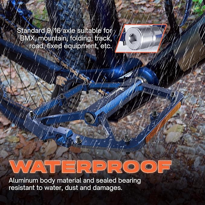 Flat Bike Pedals with Reflectors CNC Aluminium 9/16” – MTB Pedals with Extra Wide Platform and Removable Anti-Slip Pins – Lightweight Pedals for Mountain Bike & Road Bike 294 g