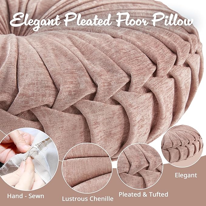 Intelligent Design Loretta Round Chenille Tufted Floor Pillow with Elegant Pleated Design, Large Boho & Vintage Decorative Throw Pillow for Sofa, Bed, or Chair, 22" x 6", Blush