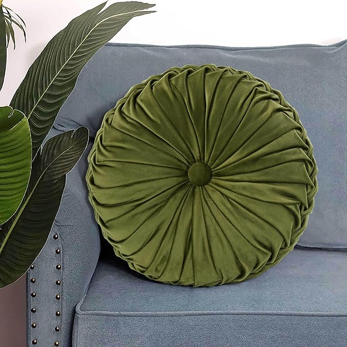 HIG Set of 2 Decorative Round Pleated Throw Pillows, Classy Accent Pumpkin Throw Pillows with Center Button, Vintage Velvet Floor Pillows for Sofa Couch Vanity Chair Bed, Olive, 14.5" Diameter(Ripple)