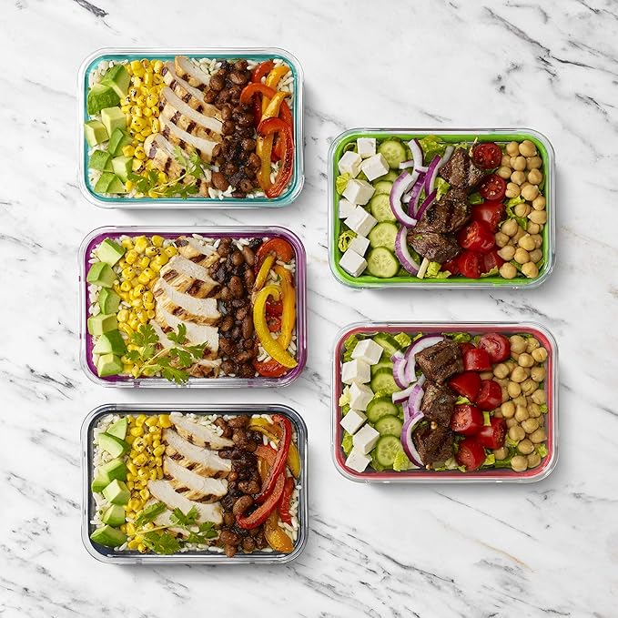 Ello Duraglass 3.4 Cup Meal Prep Sets 10Pc, 5 Pack Set- Glass Food Storage Container with Silicone Sleeve and Airtight BPA-Free Plastic Lids, Dishwasher, Microwave, and Freezer Safe, Fruit Salad