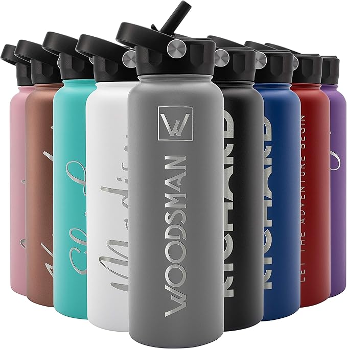 Amazing Items Personalized Water Bottle w/Straw & Lid, 40 oz - Gray | Custom Large Stainless Steel Sports Water Bottle w/Name and Text - Double-Wall, Vacuum Insulated - Rotating Handle