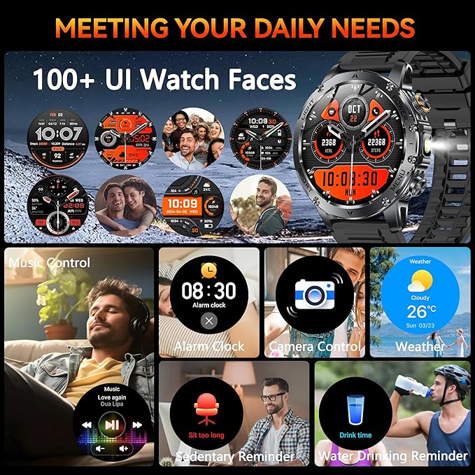 KPEP Military Smart Watches for Men, 1000mAh Battery/LED Flashlight/2 Straps/IP67 Waterproof Smartwatch, Stress/Blood Oxygen/Heart Rate/Sleep Monitor, Reminder, Fitness Tracker for iOS Android, Black