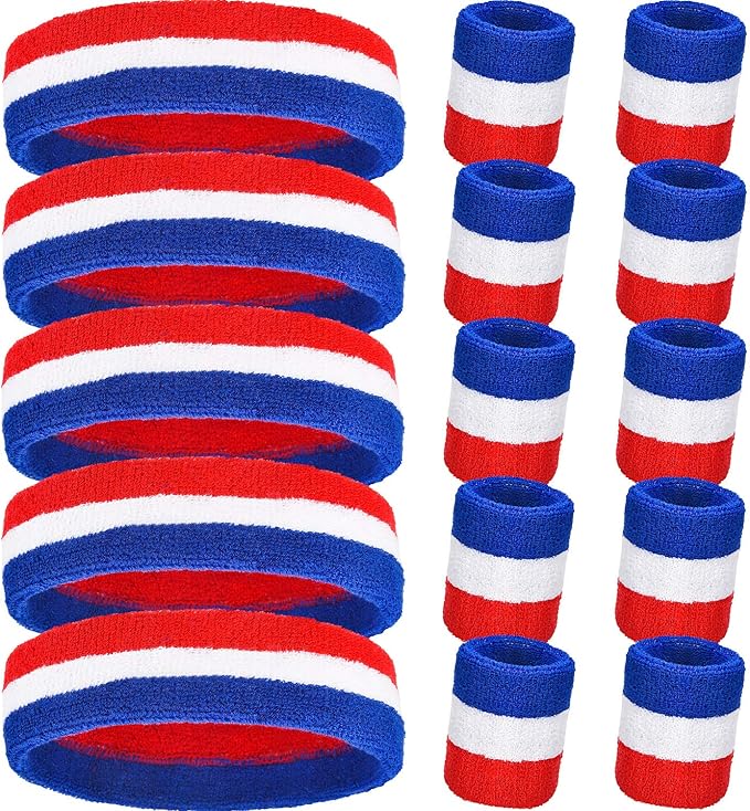 Bememo 15 Pcs Red White and Blue Sweatband Set for Men Women USA Striped Headband Football Wristband Sports Neon Accessories for 80s Costumes Cosplay Party Youth Basketball Tennis Running