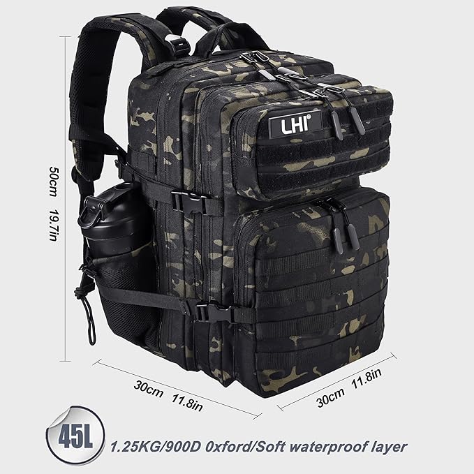 LHI Military Tactical Backpack for Men and Women 45L Army 3 Days Assault Pack Bag Large Rucksack with Shoe Compartment - Black CP