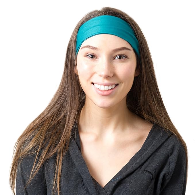 RiptGear Stretch Sport Headband for Women (Teal Solid and Striped) — Non-Slip Sweat Wicking Fabric Great for Yoga, Running or the Gym — Soft Headband that Fits Most Head Sizes — (2-Pack)