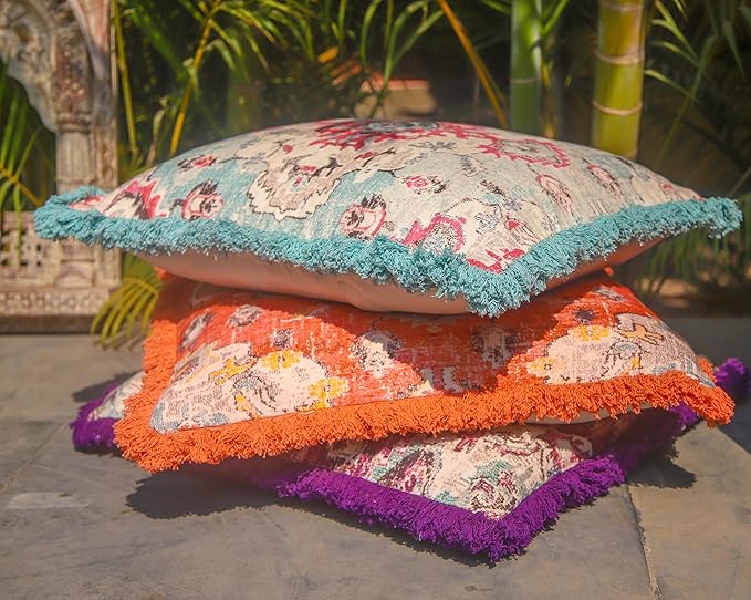 Mandala Life ART Square Meditation Cushion Cover with Fringes - 26 inches - Printed Orange Cotton Boho Chic Pillow Case