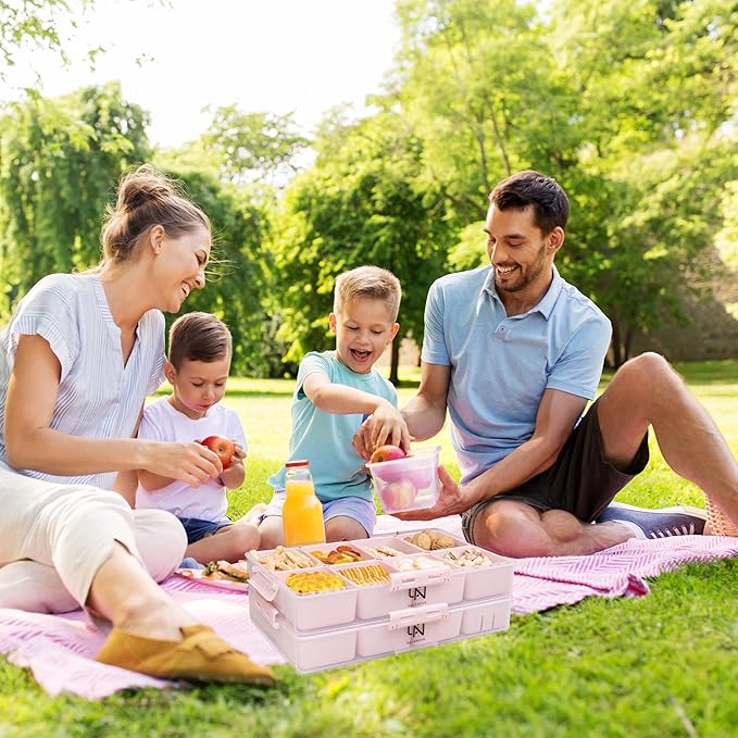 Stackable Snackle Box Container with 2 Lids - BPA-Free Snackle box Organizer, Dishwasher & Microwave Safe Reusable Snacklebox for Veggies, Fruits, Charcuterie, Snacks (Pink, 2 Pack)