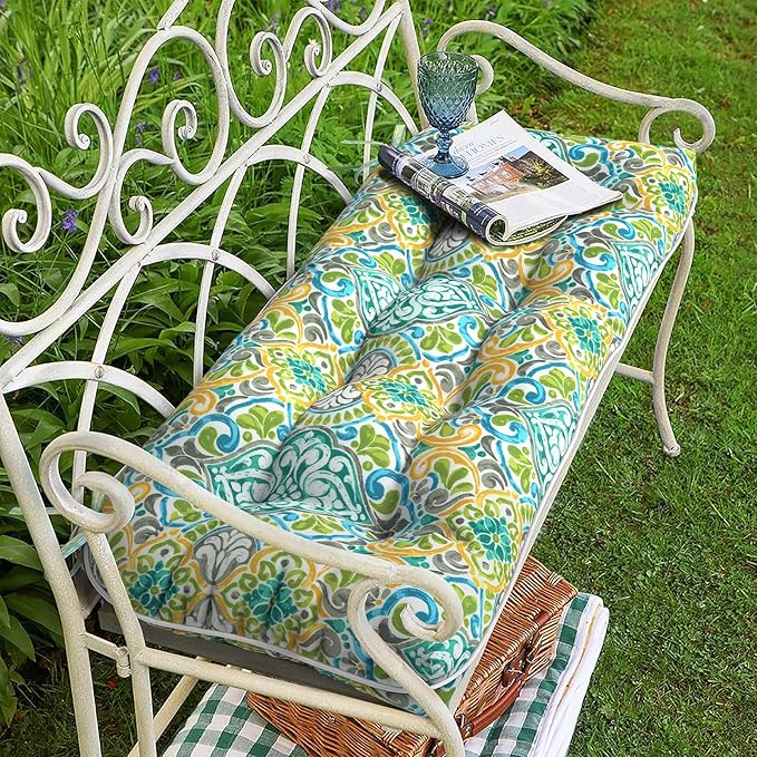 Tufted Bench Cushion for Outdoor Furniture, Patio Swing Cushion 44 x 19 x 5 Inch, Overstuffed Outdoor Chair Cushion for Garden Loveseat Lounge Storage, 1 Pack,Damask Green