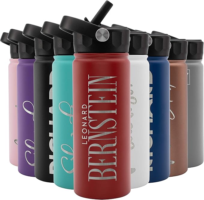 Amazing Items Personalized Water Bottle w/Straw & Lid, 18 oz - Fire Red | Custom Stainless Steel Sports Water Bottle w/Name and Text - Double-Wall, Vacuum Insulated - Rotating Handle