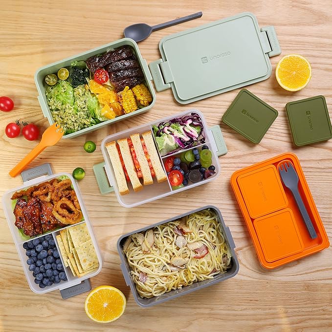 Linoroso Stackable Bento Lunch Box | Meet All Your On-the-Go Food, Salad and Snack Needs, Premium Adult Lunch Box Includes Utensil Set, Dressing Containers - Lava Orange