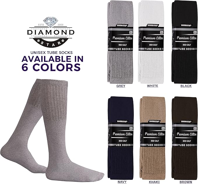 Diamond Star Men's 6 Pack Athletic Tube Socks Running Sports OVER THE CALF Full Cushioned Premium Soft Cotton Big and Tall