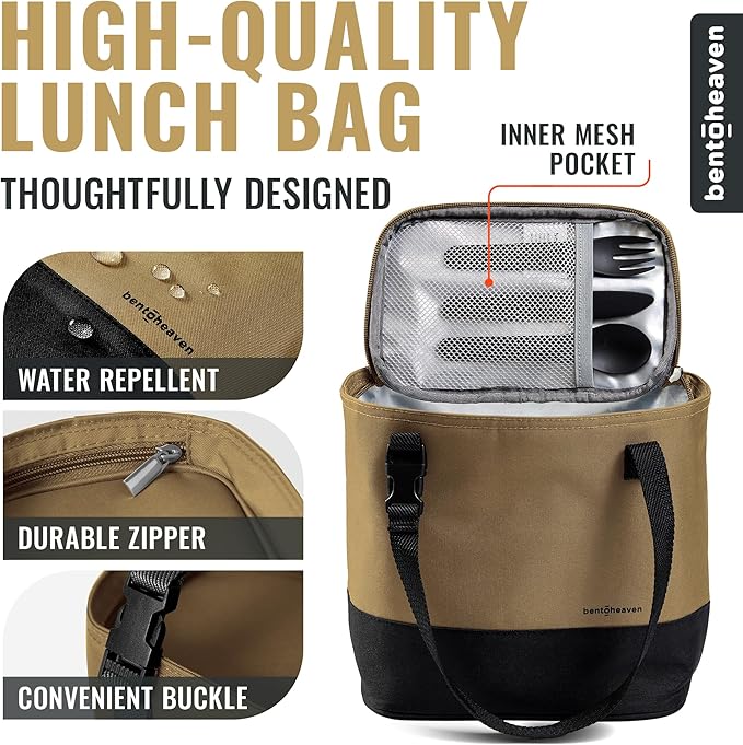 Bentoheaven Insulated Lunch Tote for Work - Durable Materials, Variable Strap/Handle, Wide Opening - Cooler Lunch Bag for Women & Men - Fits all major Bento Lunch Boxes and Other Containers (Beige)