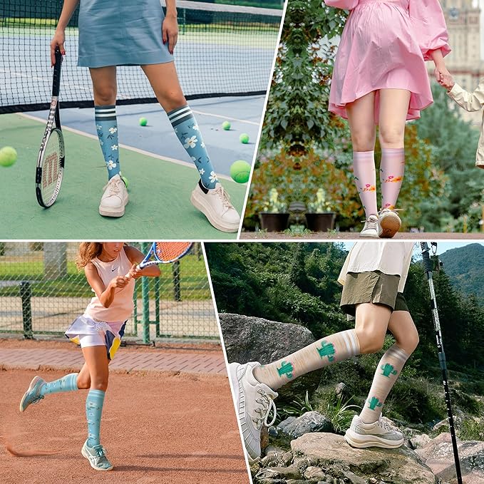 fenglaoda Compression Socks Women Men 4 Pairs, Knee High Support Socks for Running, Sports, Travel, Flight, Nurse