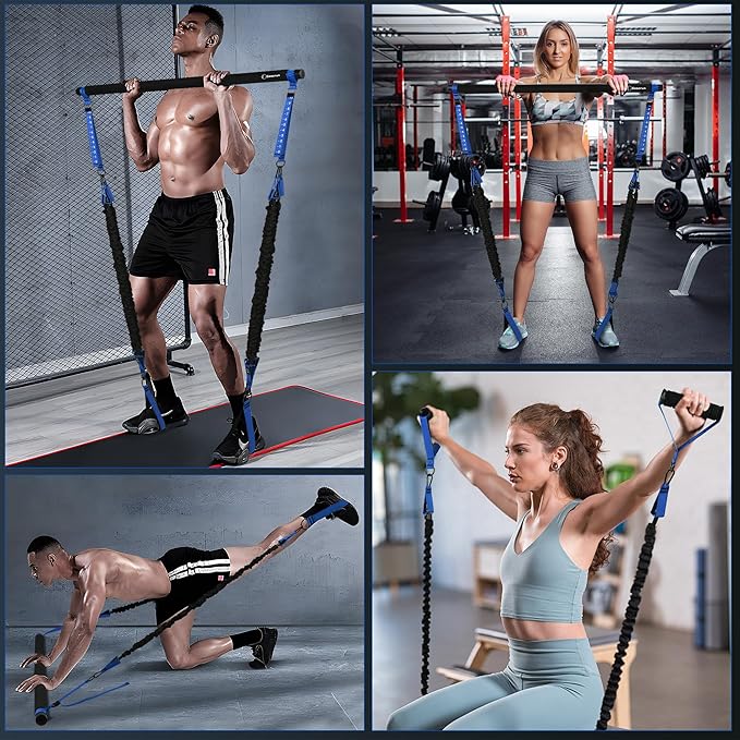 Portable Pilates Bar Kit with Resistance Bands for Men and Women - 3 Set Exercise Resistance Bands - Multifunctional Home Gym - Supports Full-Body Workouts – with Fitness Poster and Video