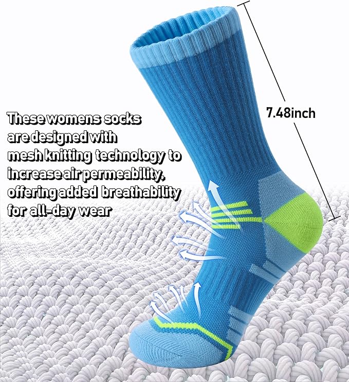 FNOVCO Women's Hiking Walking Running Crew Socks Thick Cushioned Athletic Compression Socks 5 Pairs