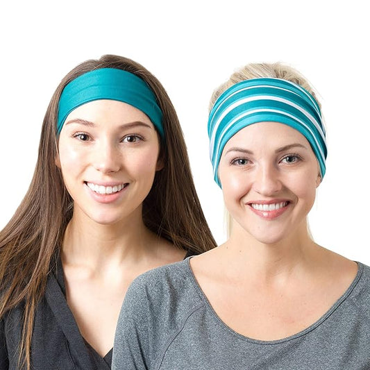 RiptGear Stretch Sport Headband for Women (Teal Solid and Striped) — Non-Slip Sweat Wicking Fabric Great for Yoga, Running or the Gym — Soft Headband that Fits Most Head Sizes — (2-Pack)