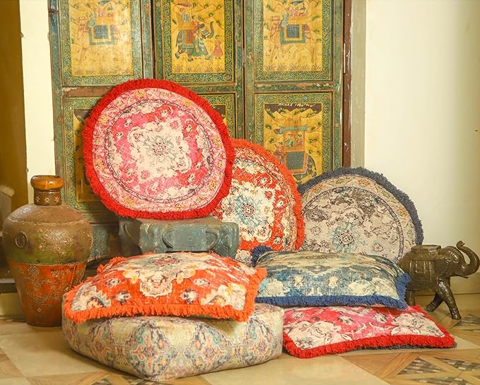 Mandala Life ART Square Meditation Cushion Cover with Fringes - 26 inches - Printed Orange Cotton Boho Chic Pillow Case