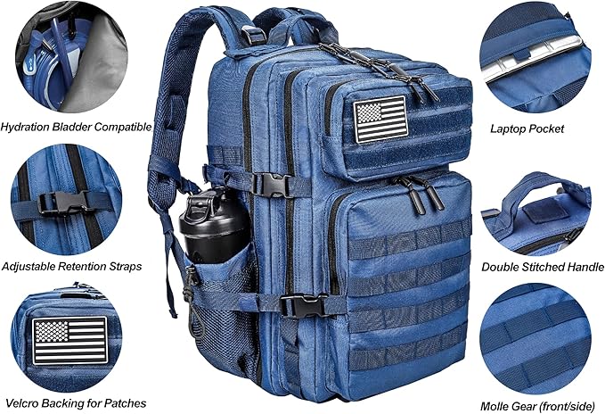 LHI Military Tactical Backpack for Men and Women 45L Army 3 Days Assault Pack Bag Large Rucksack with Molle System - Blue