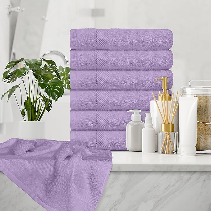 White Classic Luxury Hand Towels for Bathroom-Hotel-Spa-Kitchen-Set - Circlet Egyptian Cotton - 16x30 Inches - Set of 6 (Lavender)