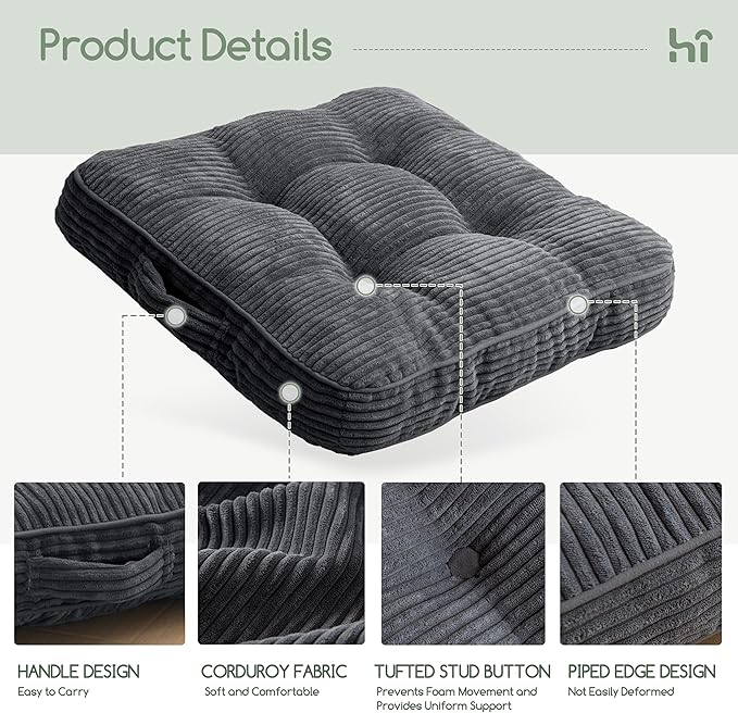 HIGOGOGO Washable Floor Pillow Cushion for Adults, Meditation Cushion Pillow, Large Square Floor Sitting, Removable Tufted Corduroy Cover, for Tatami Living Room or Yoga, 22x22 Inch, Machine Washable