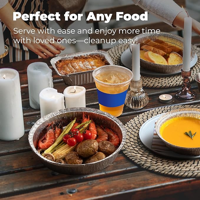 Fit Meal Prep 50 Pack 8” Round Aluminum Foil Pans with Lids, 8 inch Take Out Containers with Cardboard Covers for Freshness, Heavy Duty Disposable Baking Pie Pan for Cooking, Freezer & Oven Safe